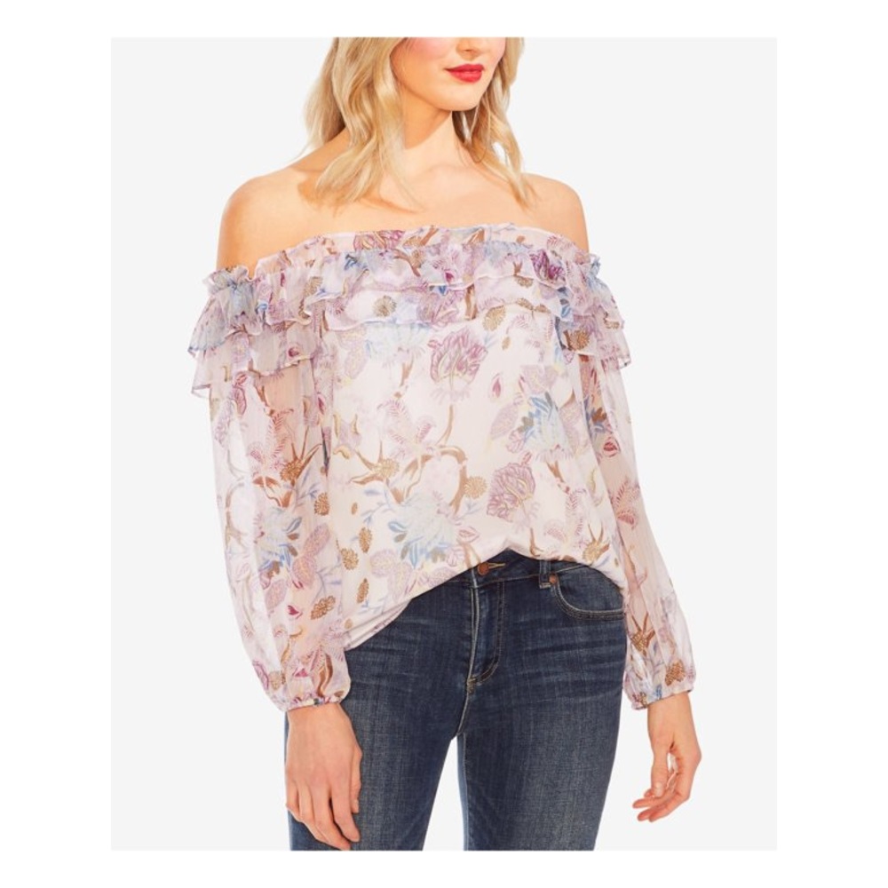 VINCE CAMUTO Womens Lavender Floral Long Sleeve off shoulder Blouse Size: Large